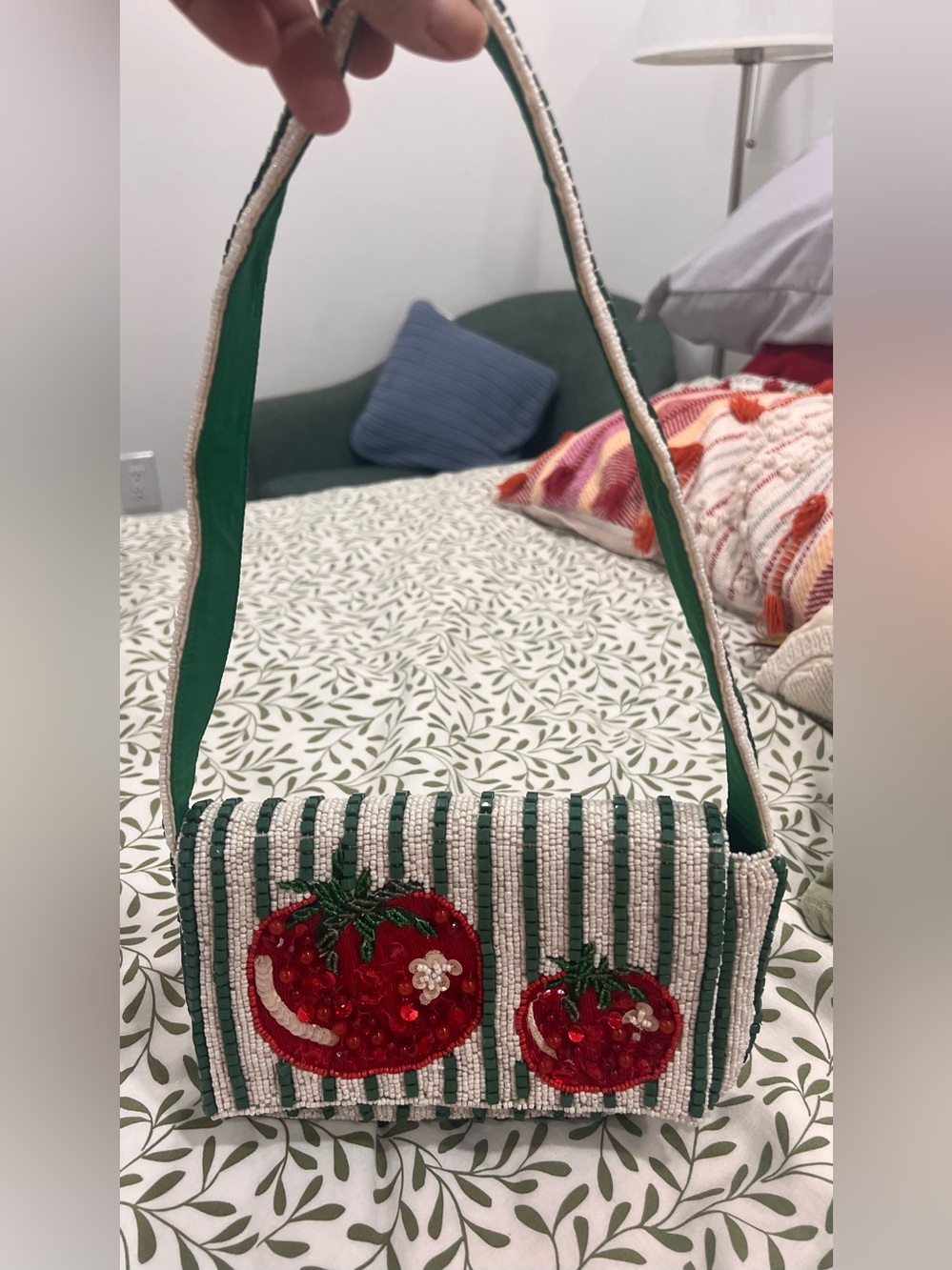 NWT-Beaded Tomato Embellished Shoulder Bag - Green & Red made in India